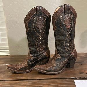 Distressed leather studded Dan Post cowboy boots, size 9.5. Shades of browns/blk